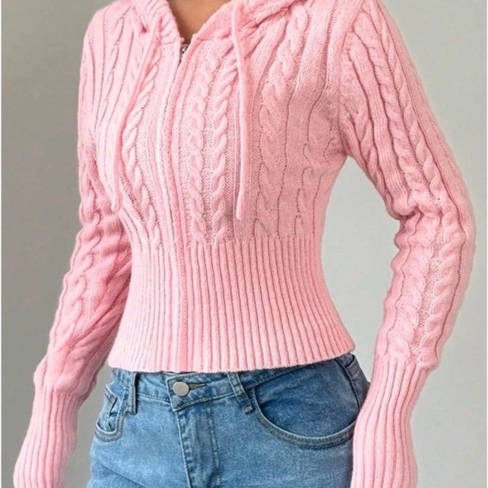 Pink Cable Knit Cropped Zip Hoodie Cardigan Small - Picture 8 of 14